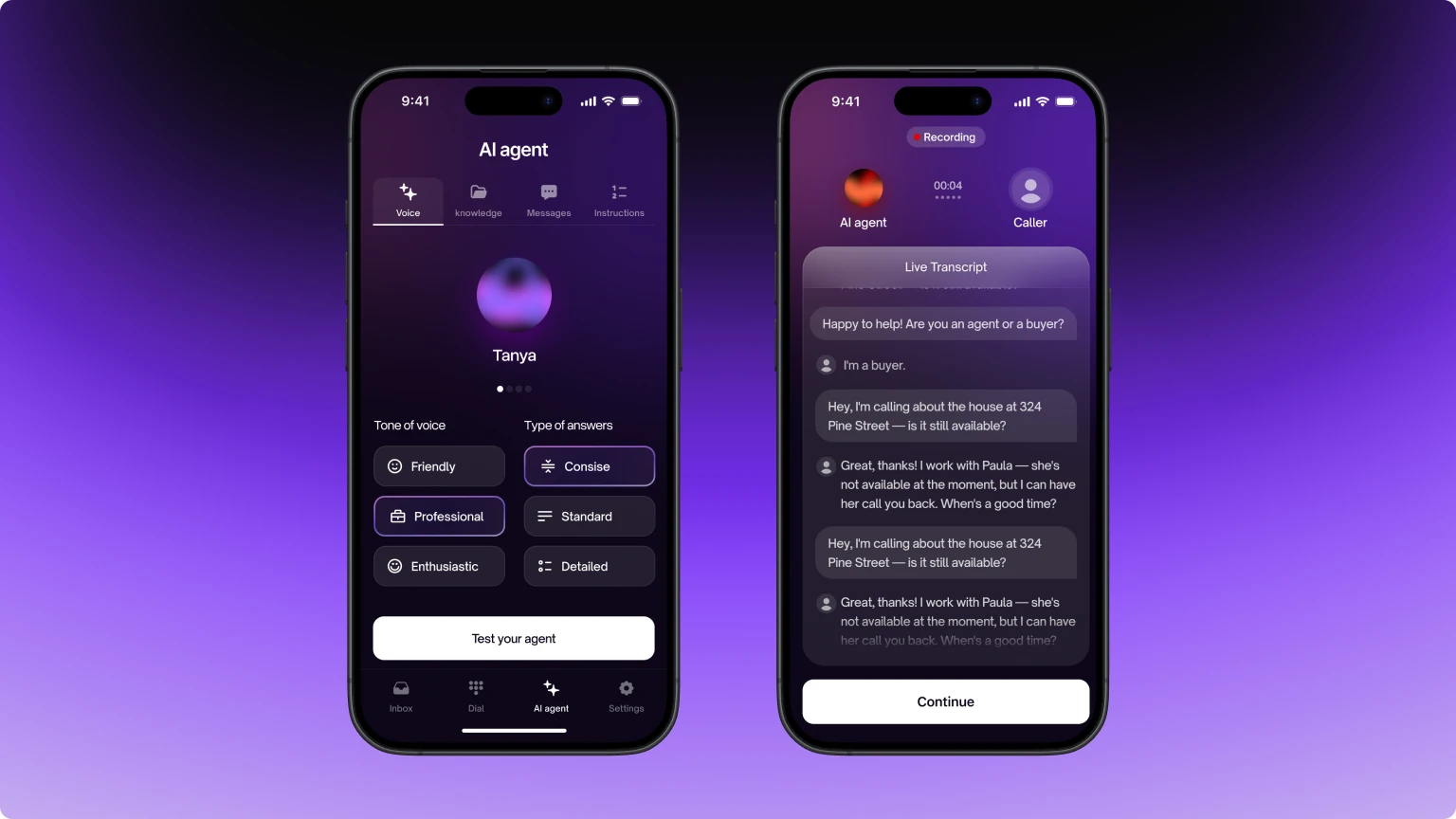 Two Cloneify screens side by side: agent setup, and a live call transcript.