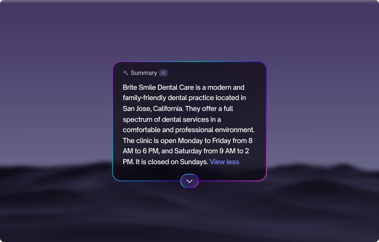 An expanded AI summary card over a mountain wallpaper.