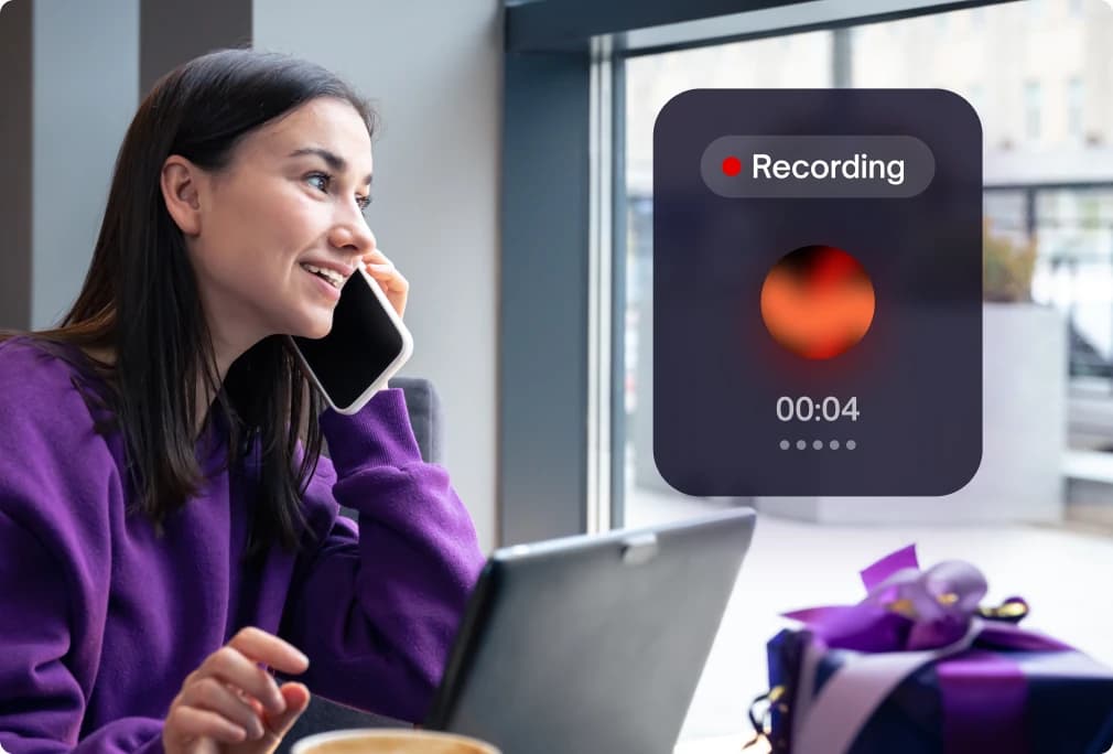 A woman on a call, with a floating recording card counting up beside her.