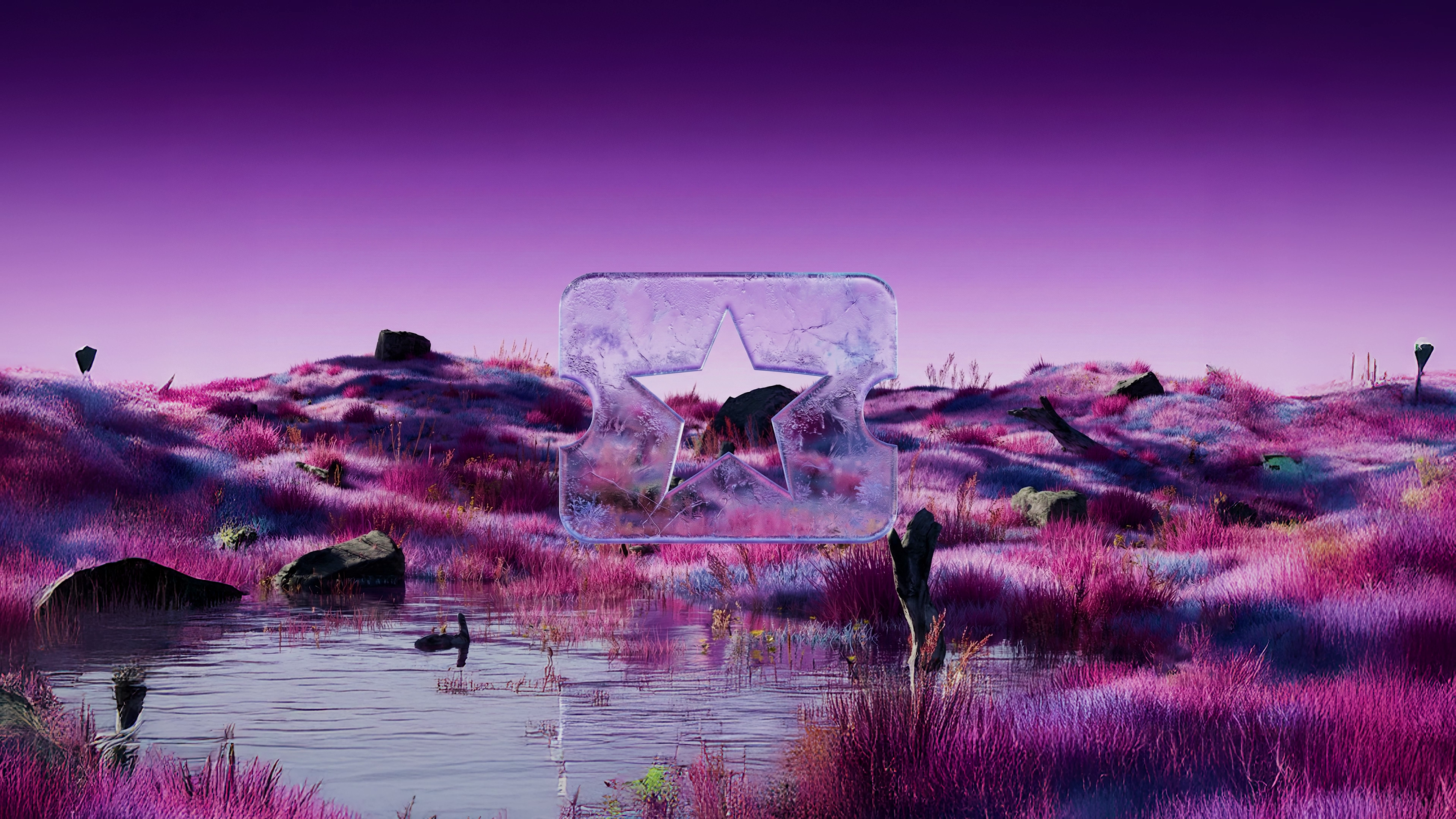 Motion design showreel still — icy emblem over a purple landscape